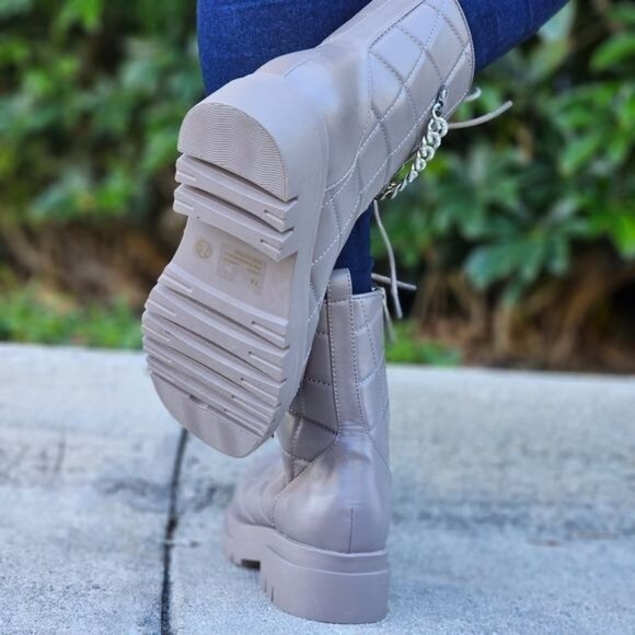 Womens‎ Chunky Block Heel Ankle Combat Boots Taupe Color - Picture 6 of 6
